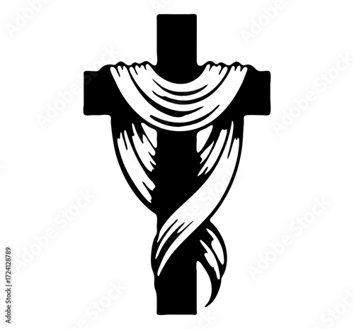 Silhouette of a cross with draped fabric, symbol of faith and religious devotion, Christian iconography