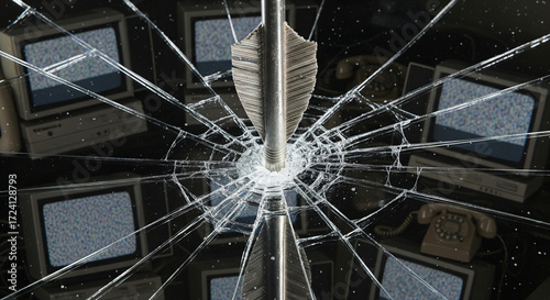 Shattered Screens An Arrow Pierces Through Retro Technology