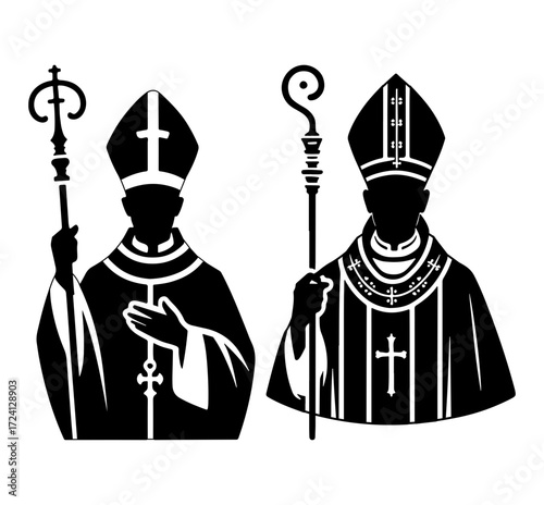 Silhouetted clergy figures with staff and mitre, symbolic of religious leaders and faith
