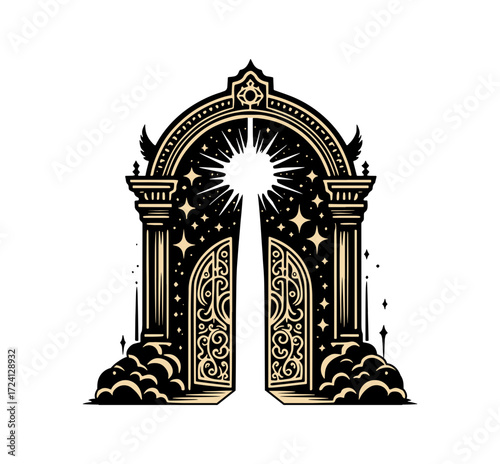 Ornate celestial archway with bright light shining through the open doors, surrounded by stars and clouds