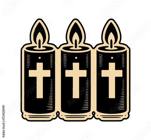 Three lit candles with crosses symbolizing faith and spirituality, ideal for religious themes and design.