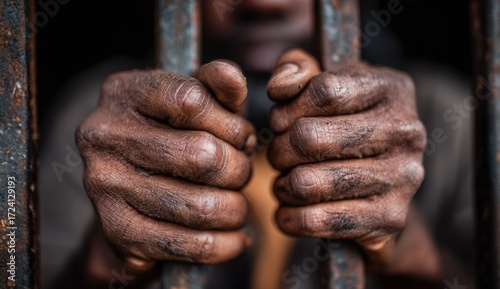 Close-up of hands behind bars