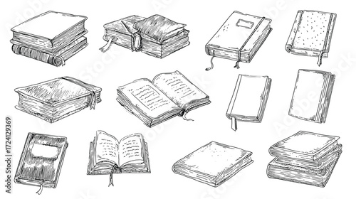 Hand-drawn collection of books and notebooks