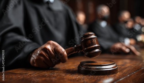 Judge holding gavel in courtroom (2)
