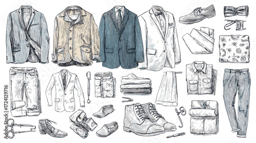 Hand-drawn collection of men's clothing and accessories