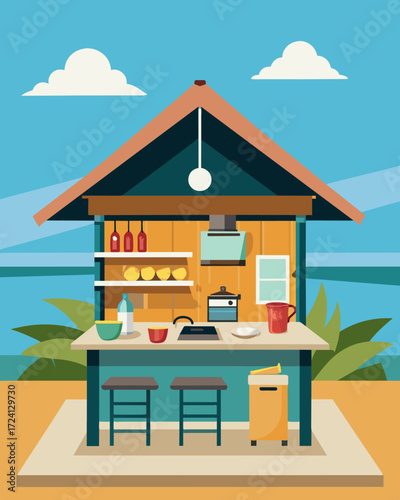 A fully equipped kitchen in the bungalow allows for convenient meal breaks without having to leave the beachfront.. Vector illustration
