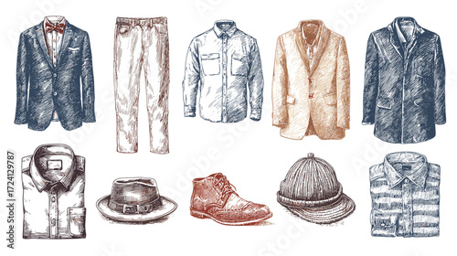 Hand-drawn collection of men's clothing and accessories