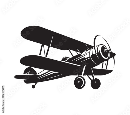 Vintage biplane aircraft silhouette isolated on white.