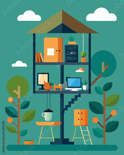 A modern minimalist treehouse with all the necessary amenities for a comfortable and productive workfromhome experience.. Vector illustration