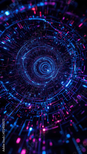 Futuristic neon tunnel rotating with blue and purple lights
