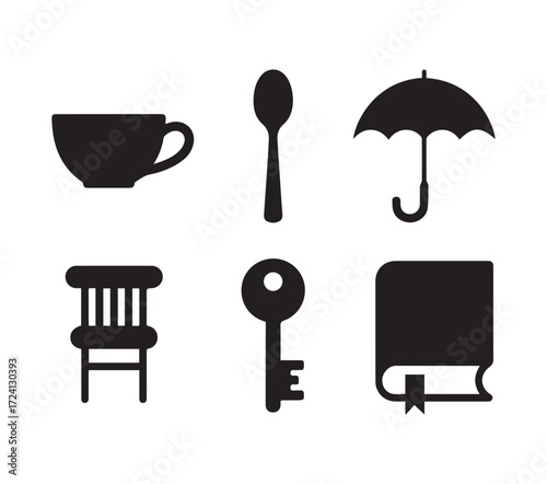 Collection of simple black icons objects and symbols.