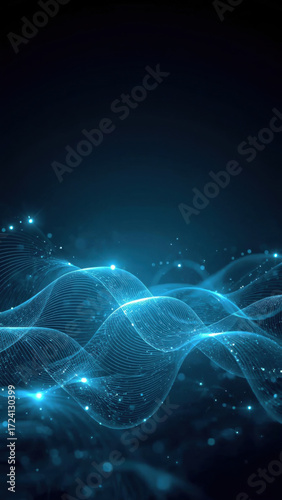Abstract blue particles flowing across technology background