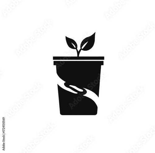 Black silhouette of plant growing in pot with helping hands