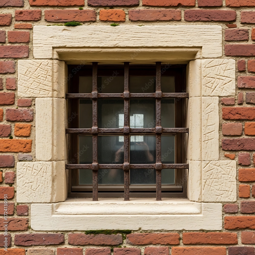 Obraz premium Ornate Stone Window with Iron Bars on Brick Wall.