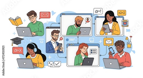 Diverse Students in Online Learning: Vector illustration of students engaging with virtual classrooms and digital education resources, achieving academic success through collaborative study groups. Id