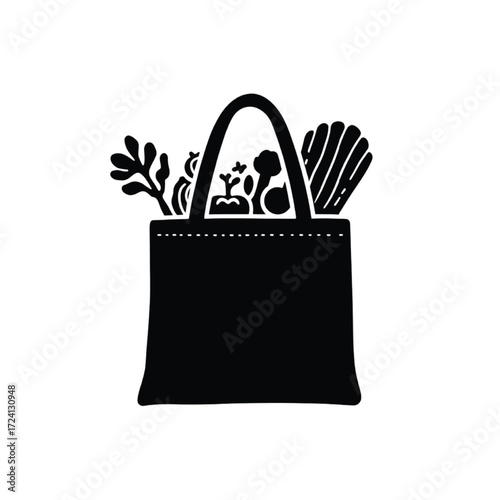 Black silhouette of a tote bag filled with groceries