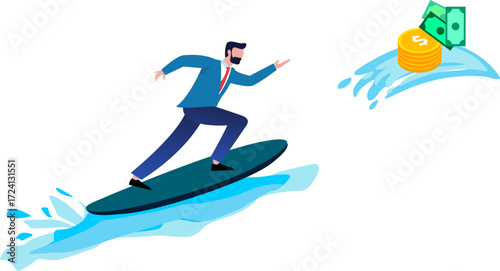 Business trends, fluctuations in financial markets or stock markets, investment risks. Isometric businessman surfing on the money. snowboarder jumping on a snowboard