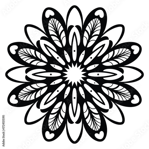 Intricate Black Mandala Design with Leaf and Heart Motifs Keywords: mandala, black and white