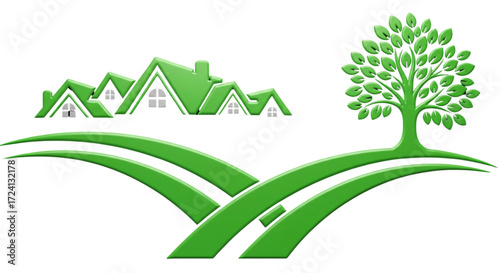 Vibrant green stylized graphic of residential houses with rolling hills and a lush tree, symbolizing eco-friendly real estate development.