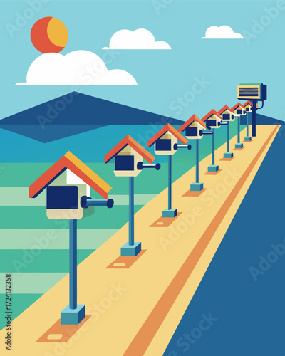 A row of solarpowered security cameras lining the perimeter of a private beach ensuring the safety and privacy of its exclusive guests.. Vector illustration