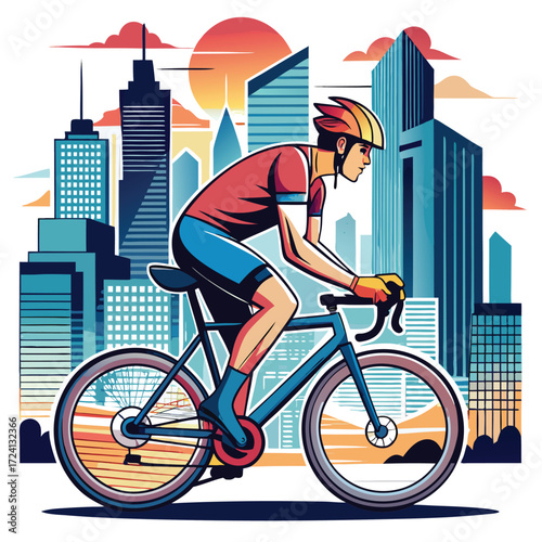 Urban cyclist rides bicycle city skyline sunset commute urban cyclist