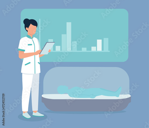 Futuristic healthcare vector showing doctor monitoring patient in digital pod with real-time medical data visualization