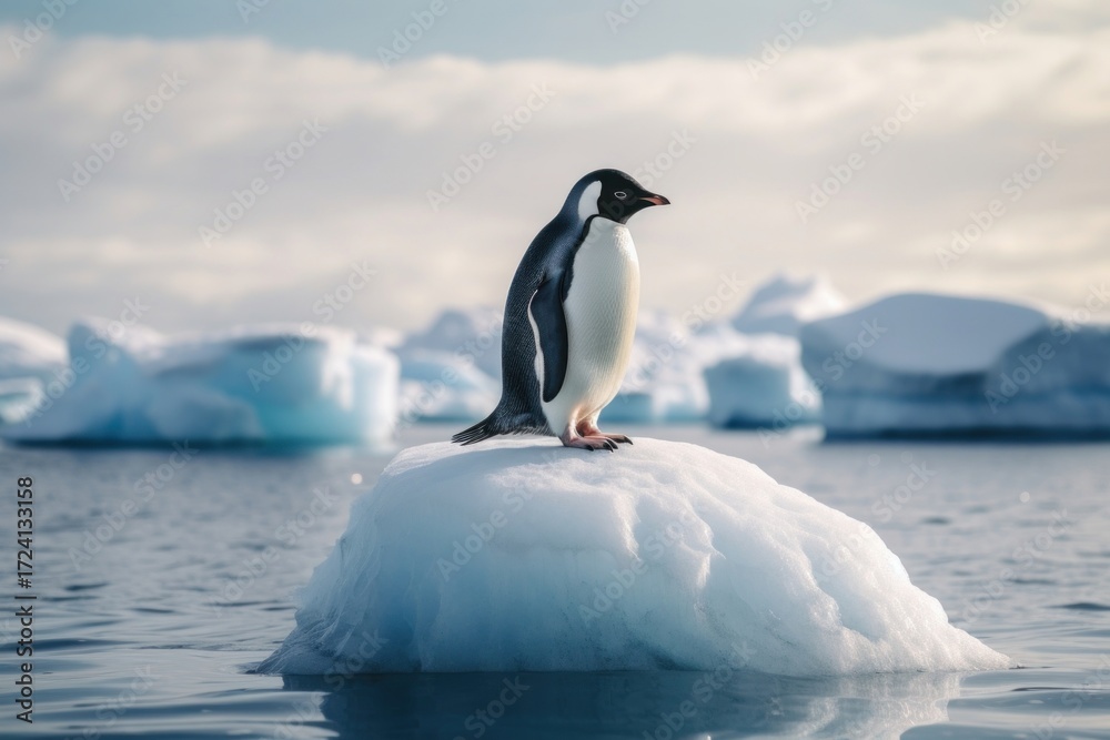 Fototapeta premium A penguin standing on melting ice berg outdoors nature animal.