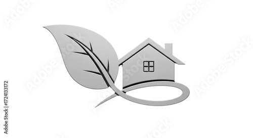 Monochromatic 3D logo featuring a modern house and a large leaf, symbolizing eco-friendly green home living and sustainability.