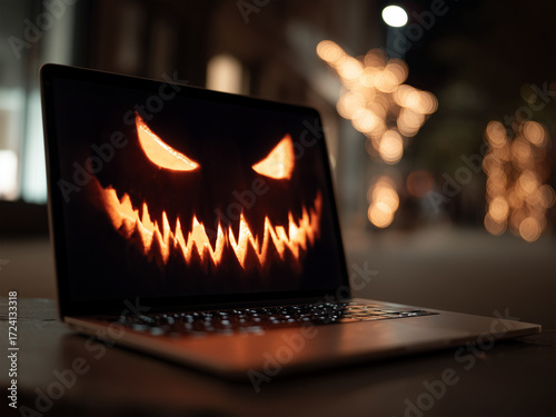 A glow-in-the-dark laptop screen with a Halloween face is a spooky technology concept for cybersecurity, online threats, or holiday digital campaigns. Pumpkin head, jack-o-lantern
