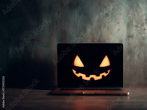 A glow-in-the-dark laptop screen with a Halloween face is a spooky technology concept for cybersecurity, online threats, or holiday digital campaigns. Pumpkin head, jack-o-lantern
