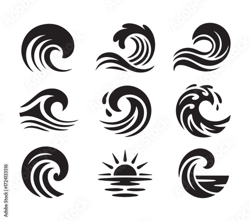 Collection of stylized black wave icons and sun icon