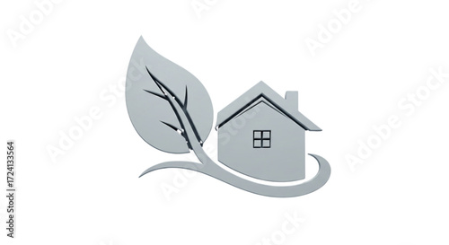 Elegant silver house and leaf logo symbolizing eco-friendly homes, sustainable living, green building, and real estate.