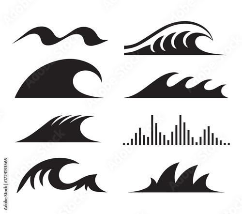 Collection of stylized black wave icons and silhouettes