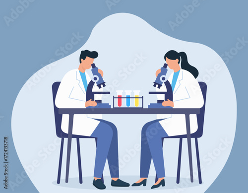 Two scientists collaborate in a lab, analyzing colorful samples under microscopes—symbolizing teamwork, research, and discovery