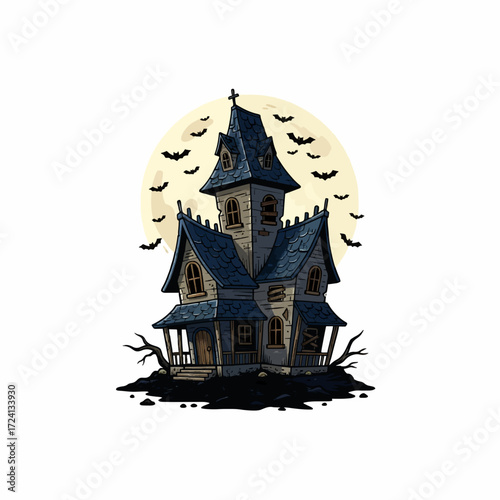 Halloween haunted house spooky mansion bats silhouette full moon scary night creepy building october festivity