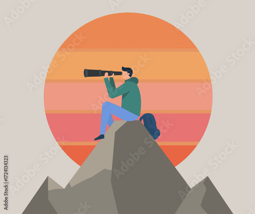 Flat vector of a traveler on a mountain peak with telescope, symbolizing vision, exploration, and future aspirations at sunrise