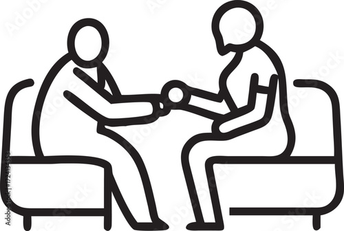 Line art illustration of a therapy session on white background