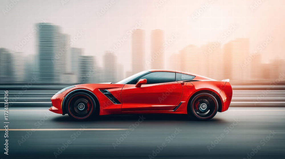 Obraz premium Red sports car speeding down a highway with a blurred city background.