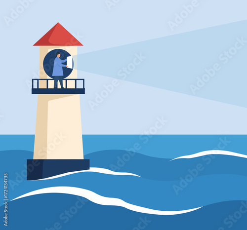 Flat vector lighthouse guiding ships, person navigating with map, symbol of safety, direction, and maritime exploration