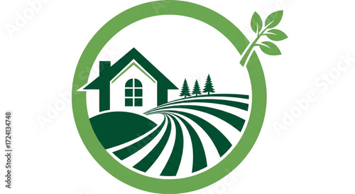 Green vector logo with a house, farm field, trees, and leaf. Sustainable rural home and agricultural real estate concept.