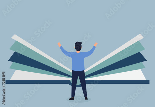 A person stands before a giant open book, symbolizing awe, discovery, and the limitless power of knowledge