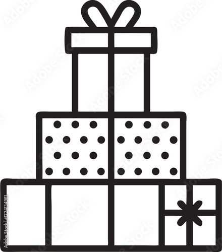 Stack of Gift Boxes Black and White Line Art Illustration
