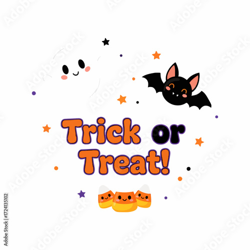 Halloween trick or treat bat ghost candy corn stars cute vector illustration holiday celebration design