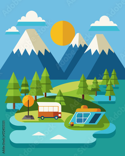 A serene lakeside campground with solarpowered charging points tered throughout allowing campers to easily recharge their electric RVs.. Vector illustration