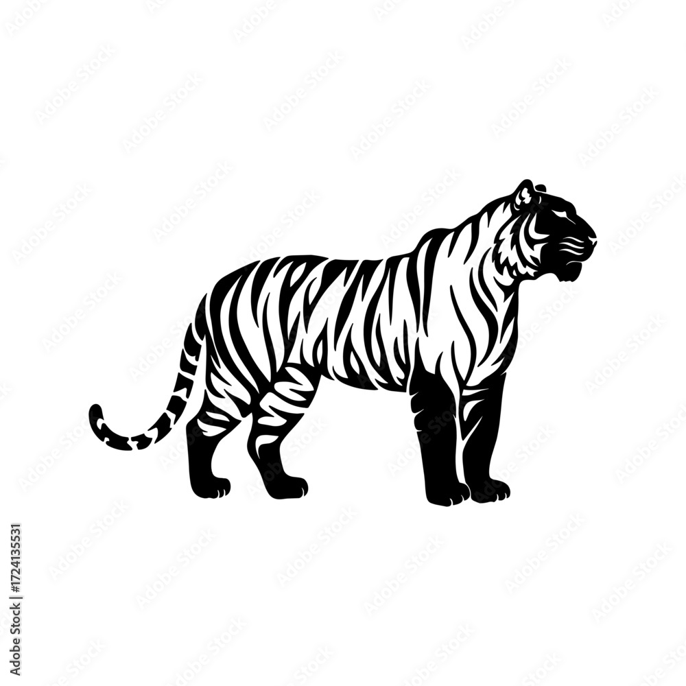 Obraz premium Unique Tiger Silhouette Vector Logo Designs Black on White with Dynamic Poses, Stripes, Roaring, Walk, Head, Leaping, and Powerful Artistic Illustrations for Premium Icon Graphic Design