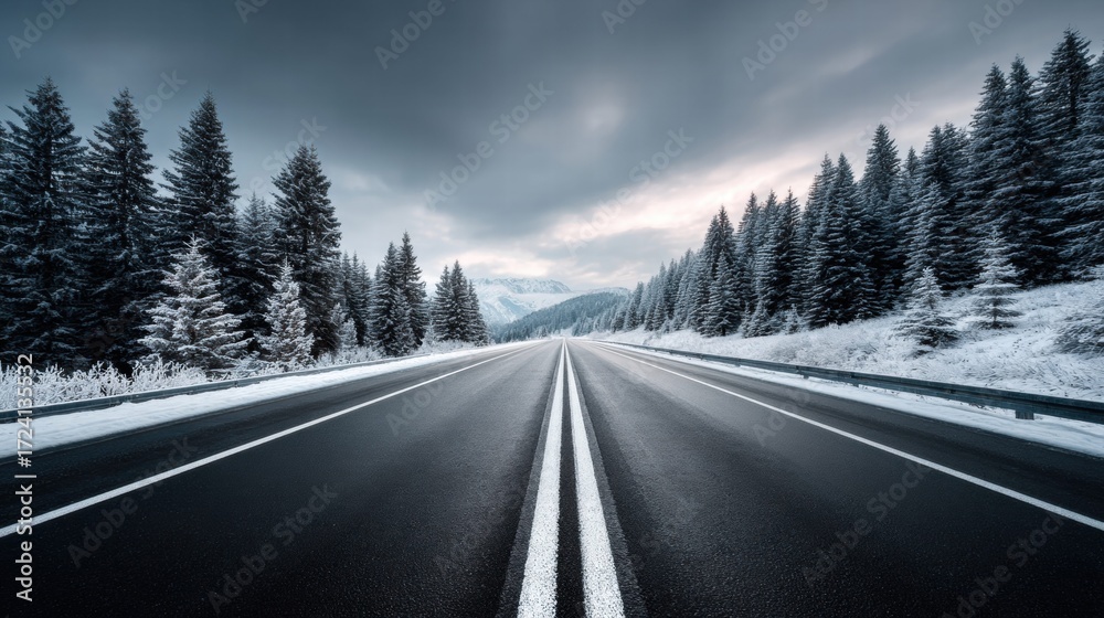 Naklejka premium A scenic winter road winds through a snow-covered forest towards the mountains.