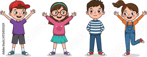 Cute cartoon children group standing together with happy expressions, boys and girls smiling, playful childhood, fun kids character illustration, friendship joy