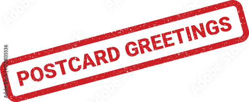 A red rectangular stamp displays Postcard Greetings in a diagonal position