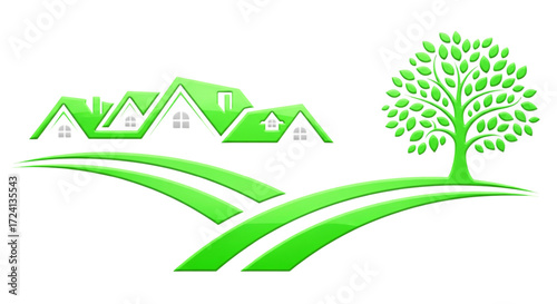 Green vector illustration of houses with green roofs on rolling hills and a leafy tree, symbolizing sustainable real estate.