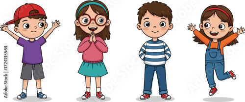 Group of cartoon kids standing and smiling with happy expressions, boys and girls posing, cheerful childhood, friendship, fun playful character illustration